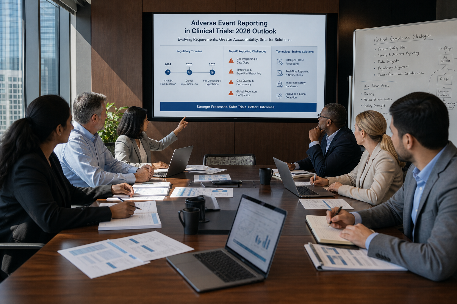 Clinical Trial Discussion in Modern Conference Room