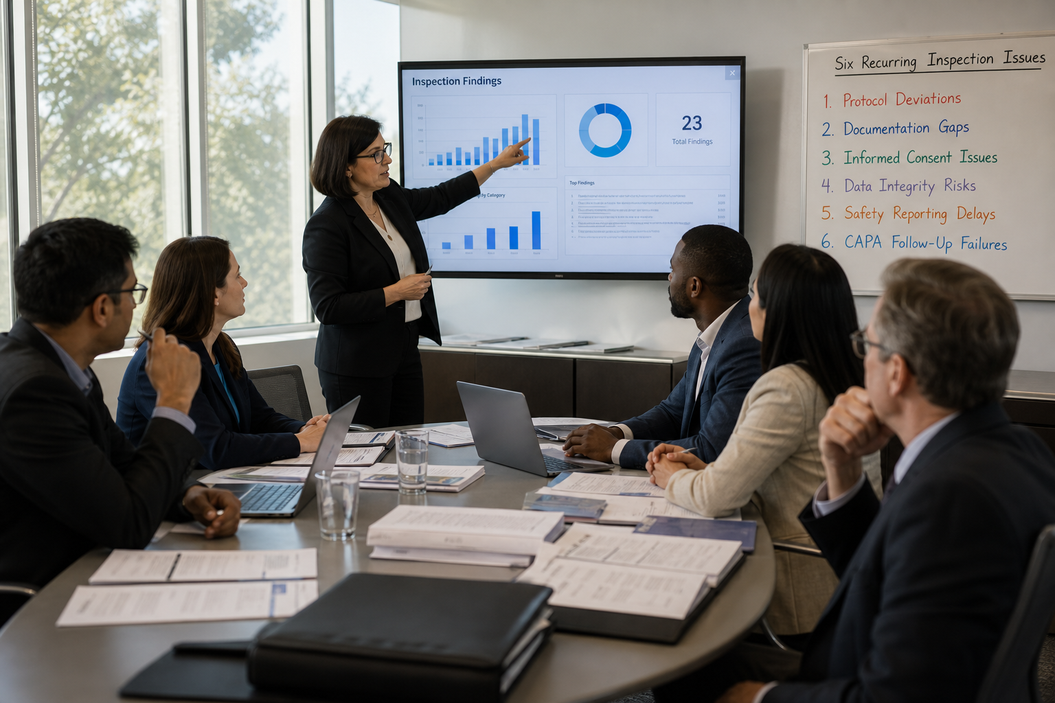 Clinical Trial Inspection in Modern Conference Room