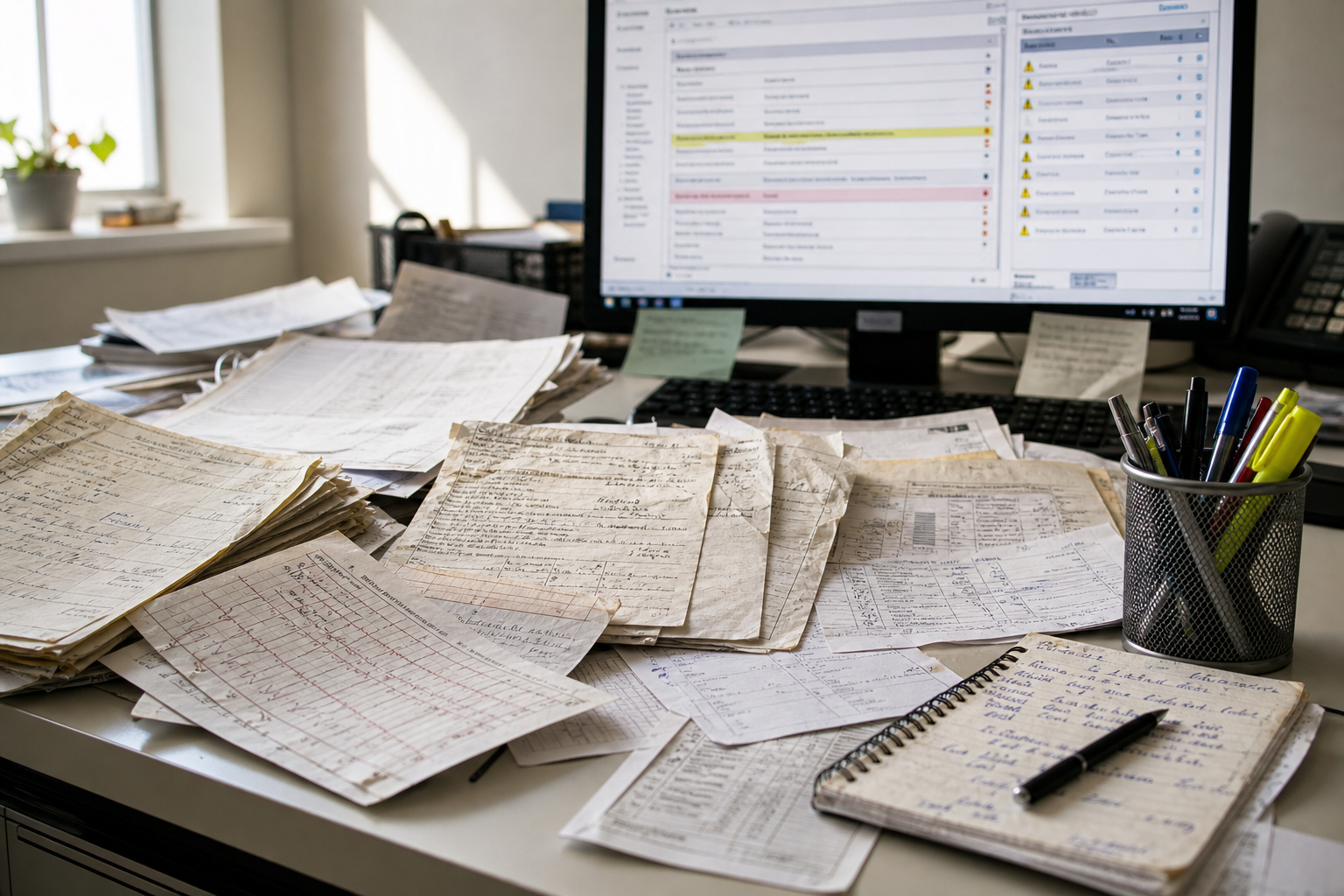 Cluttered Desk With Legacy Clinical Records And Digital Interface