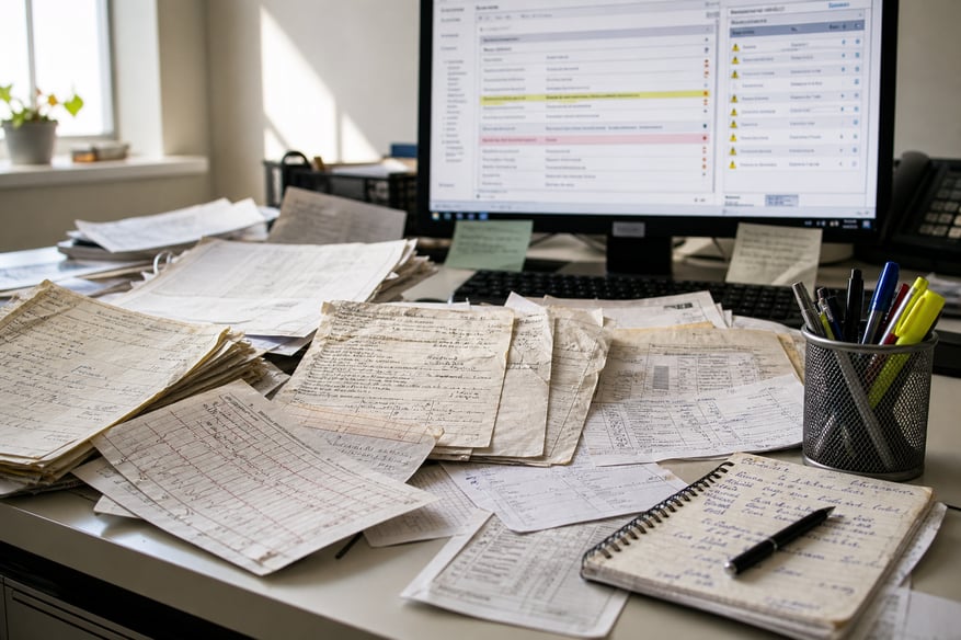 Cluttered Desk With Legacy Clinical Records And Digital Interface