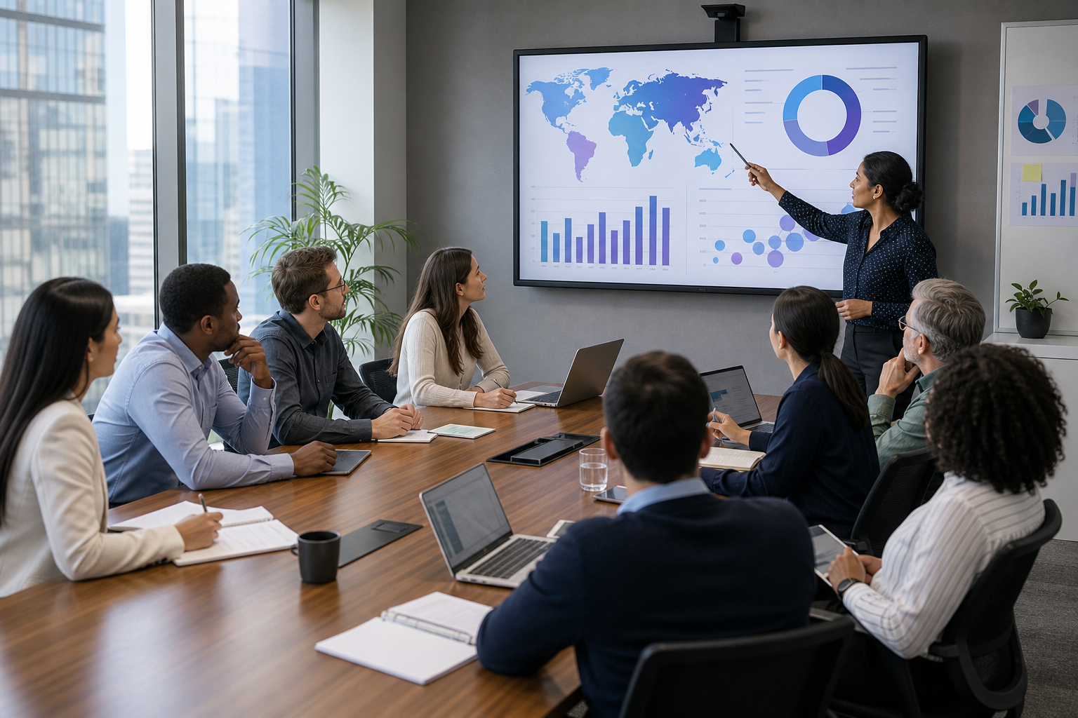 Collaborative Meeting in Modern Office with Data Infographic