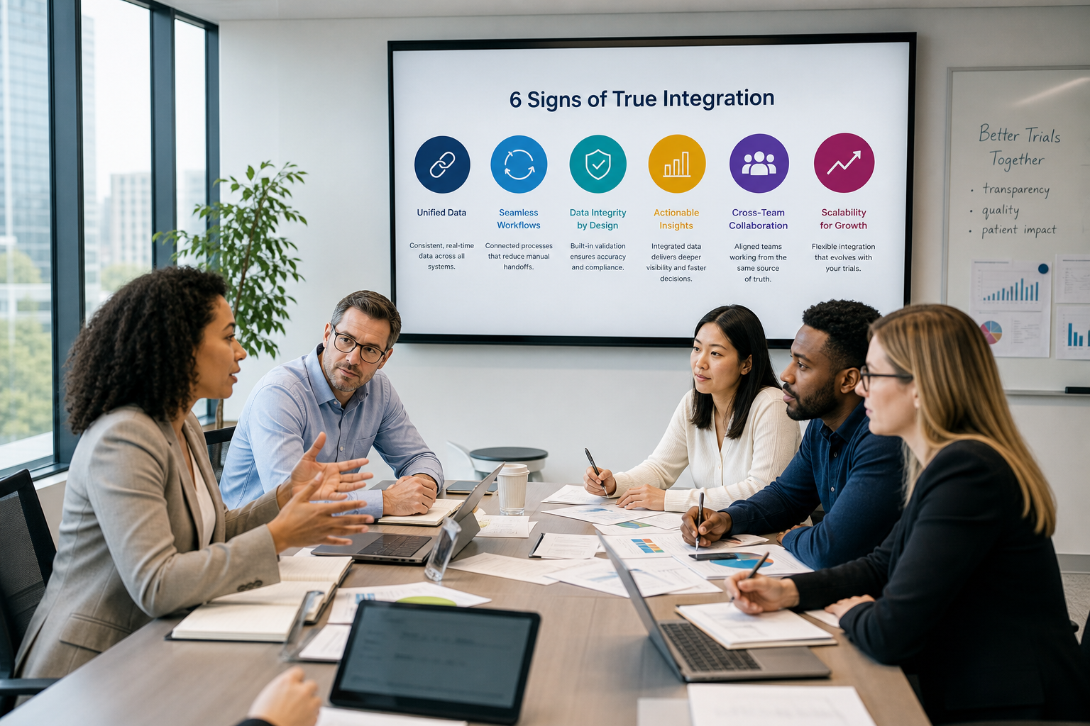 Collaborative Meeting in Modern Office with Infographic Display
