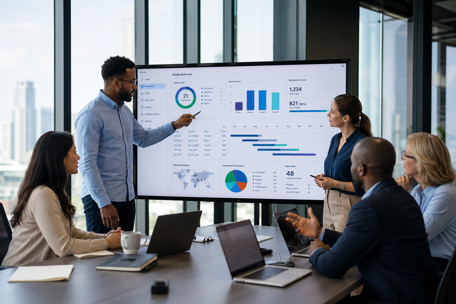 Diverse Team Collaborating On Cloud Clinical Trial Dashboard