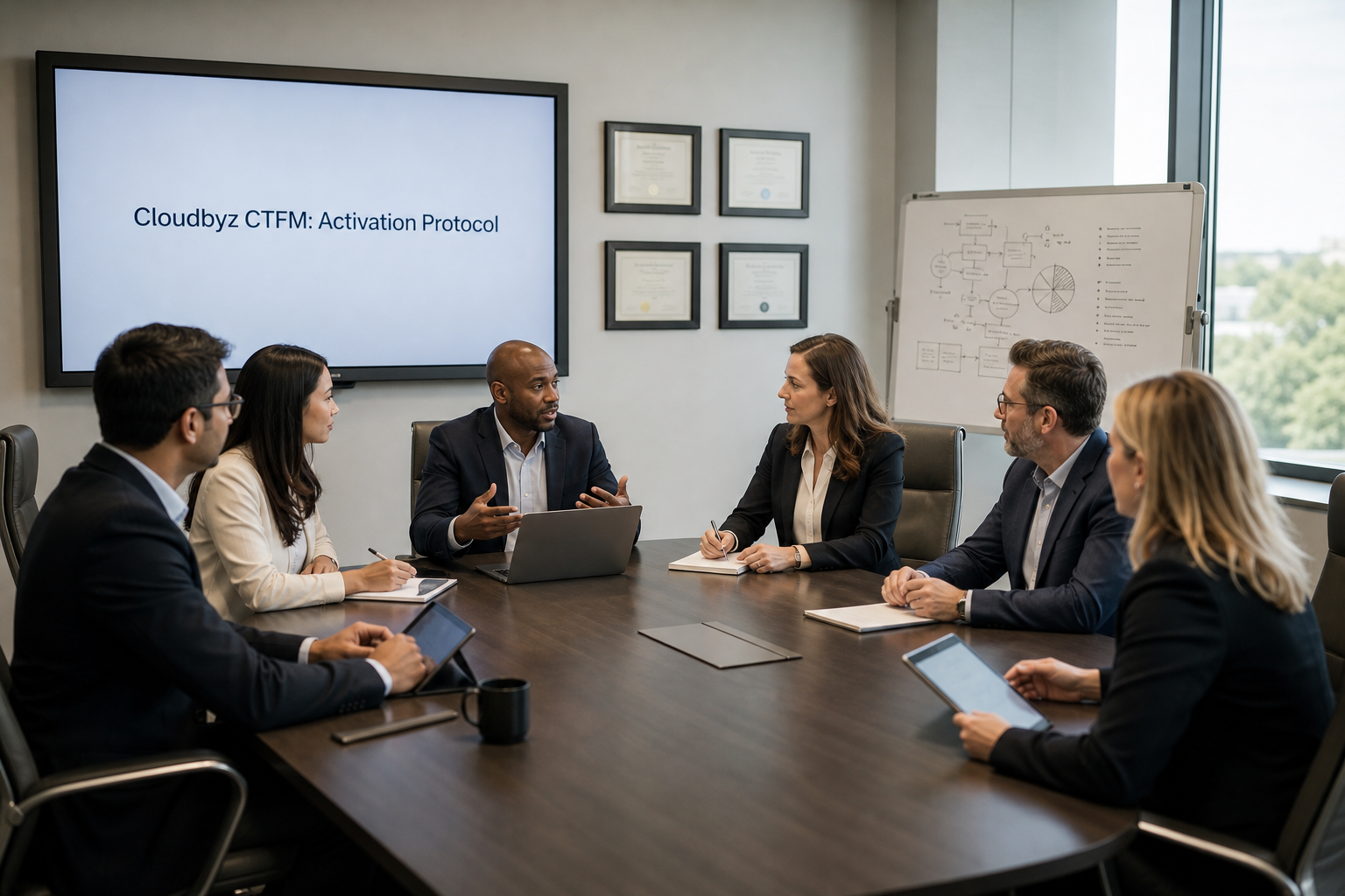 Diverse Team Discussing Cloudbyz Protocol In Modern Office
