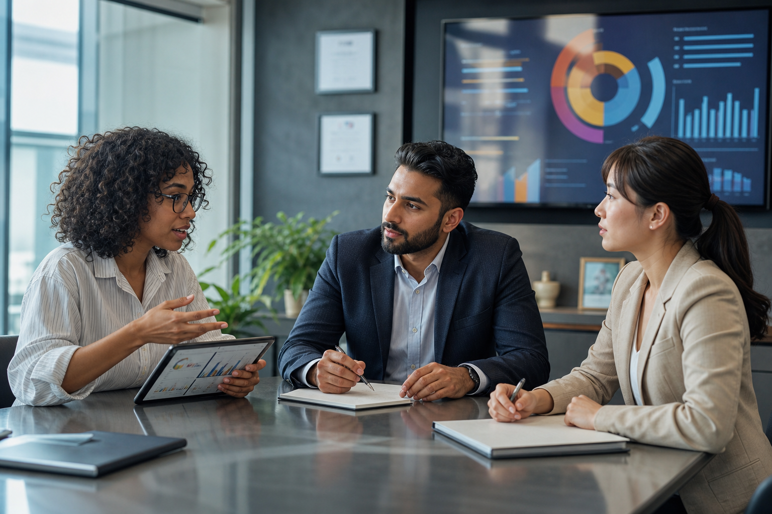 Diverse Team Discussing Data in Modern Office