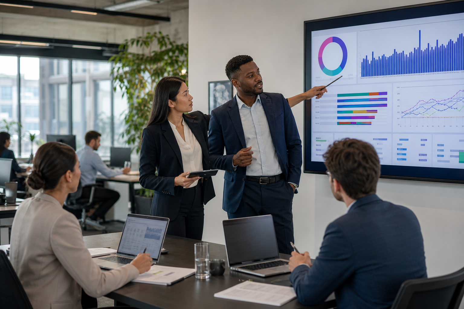 Diverse Team Reviewing Clinical Finance Dashboard In Modern Office