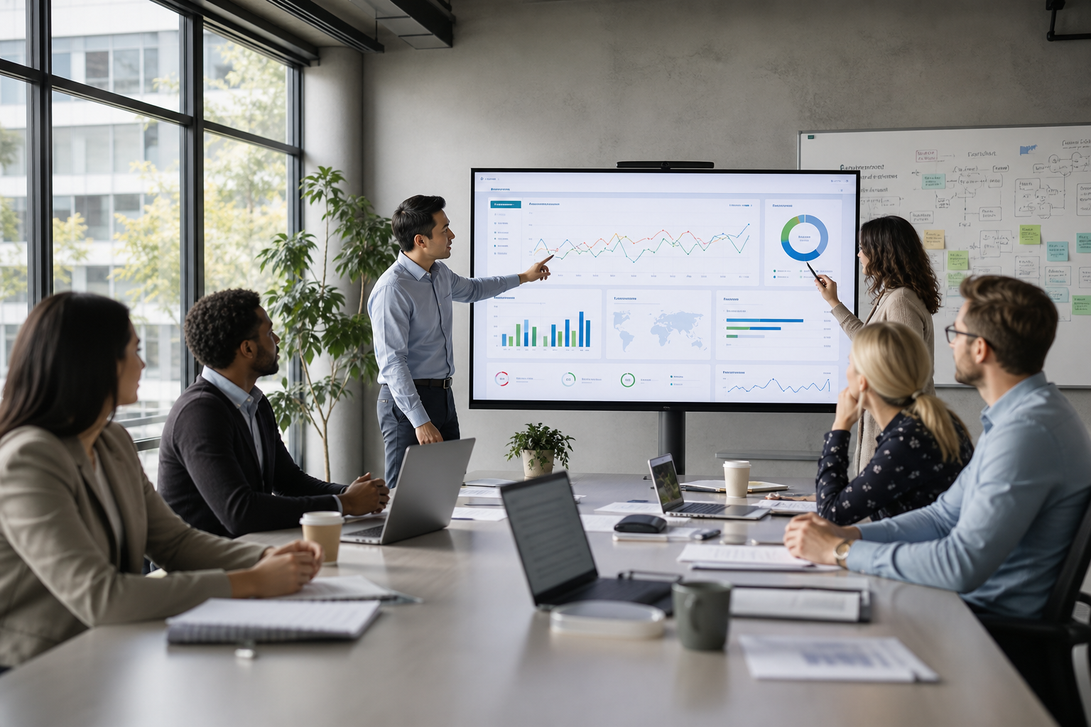 Diverse Team Reviewing Clinical Trial Dashboard In Modern Office