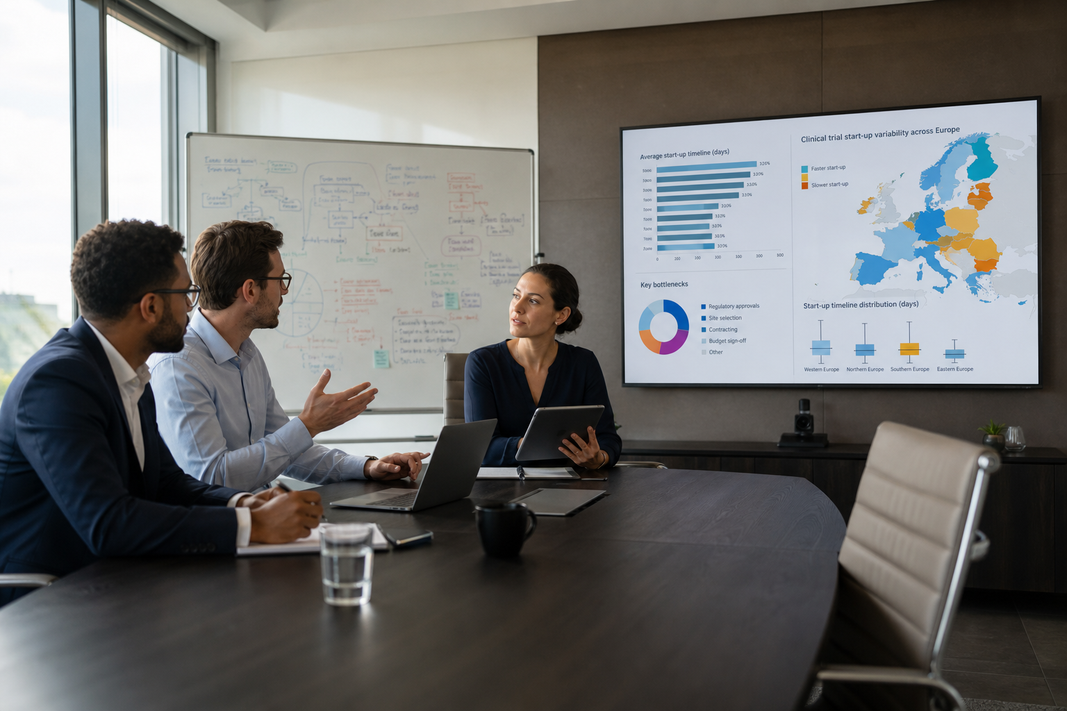 Diverse Team Reviewing Clinical Trial Infographic In Modern Office