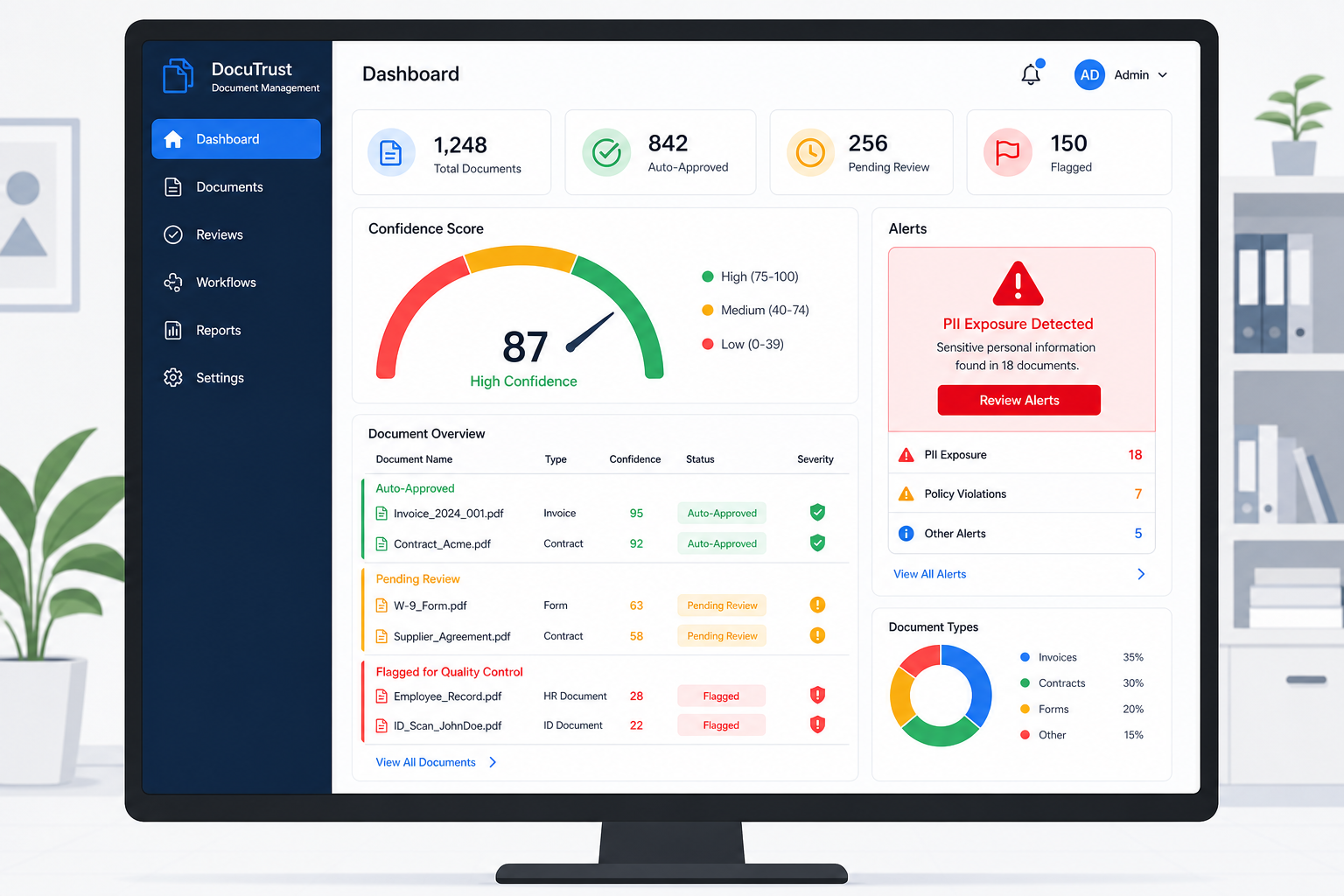 Document Dashboard Interface with Confidence Gauge and Status Alerts