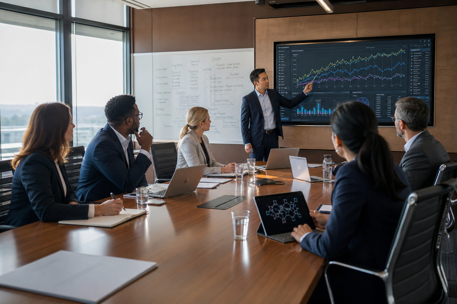 Modern Boardroom with Digital Display and Whiteboard