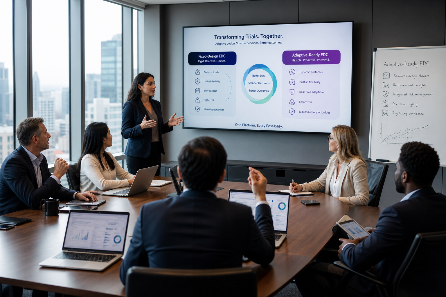 Modern Conference Room With Adaptive Clinical Trial Infographic