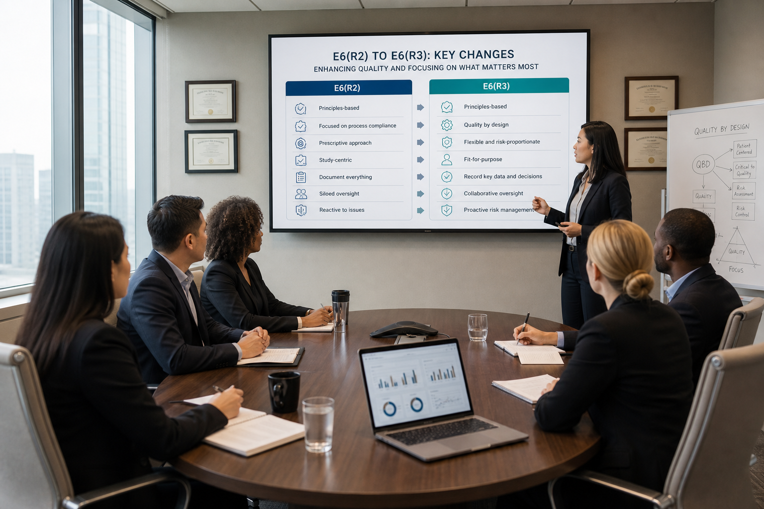 Modern Conference Room with Dynamic Presentation and Cityscape Background
