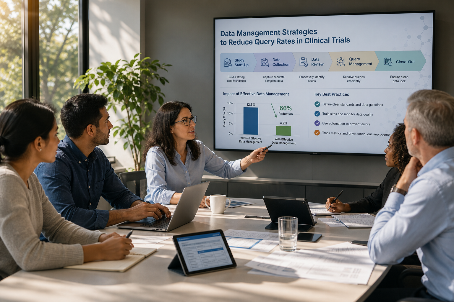 Modern Office Meeting with Data Infographic and Potted Plant