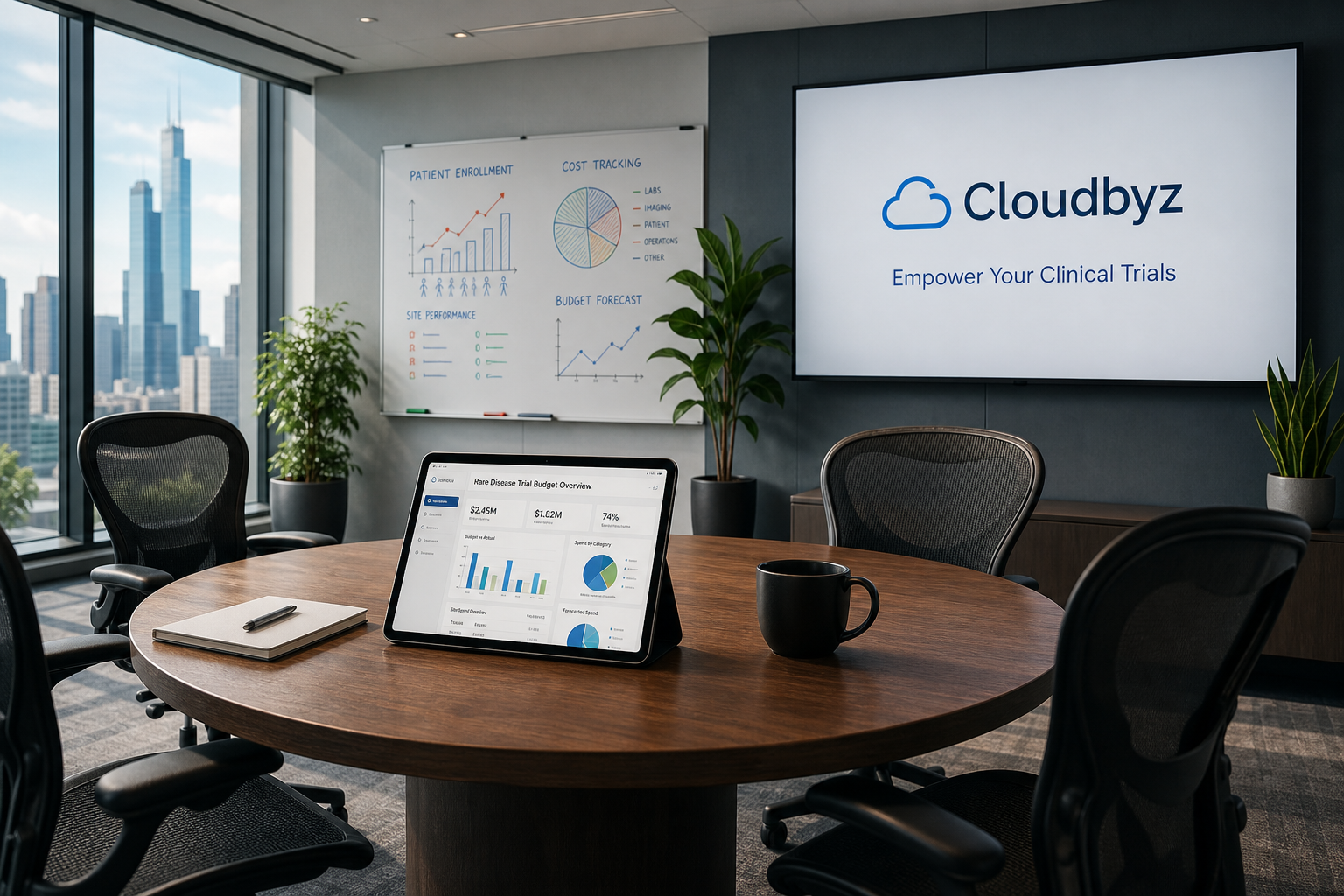 Modern Office With Cloudbyz Logo And City Skyline