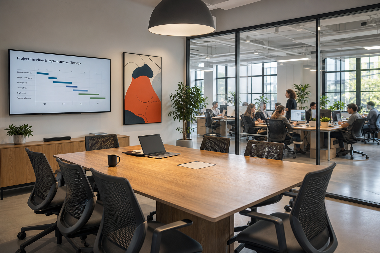 Modern Office with Abstract Art and Natural Light