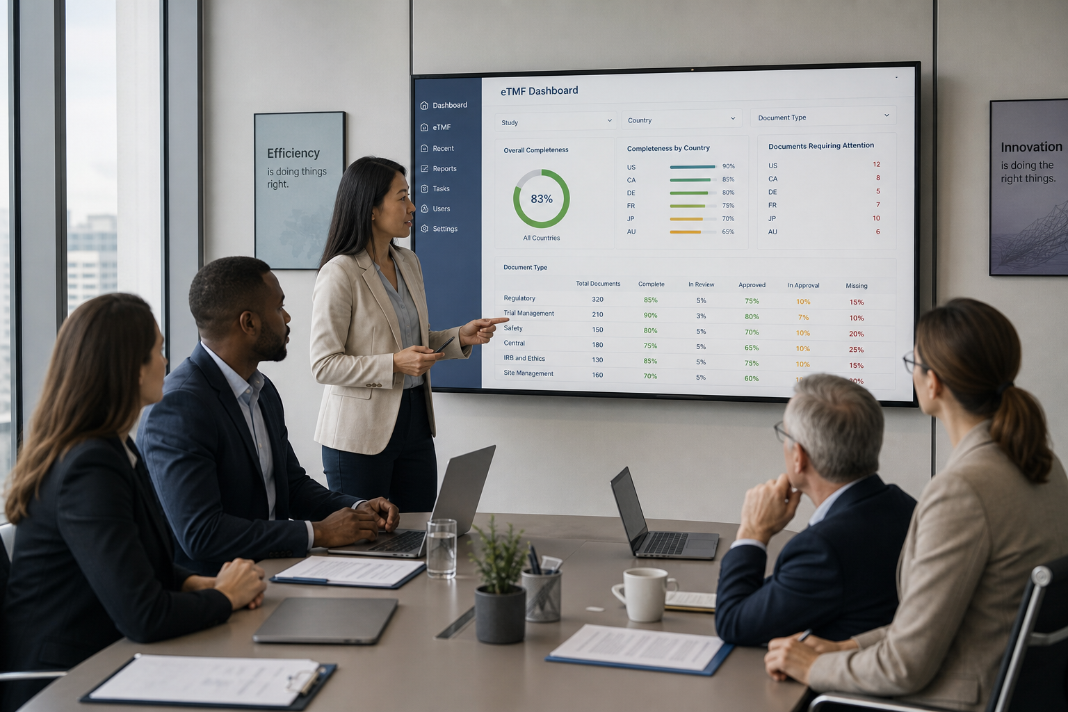 Modern Office with Digital eTMF Dashboard and Collaborative Team