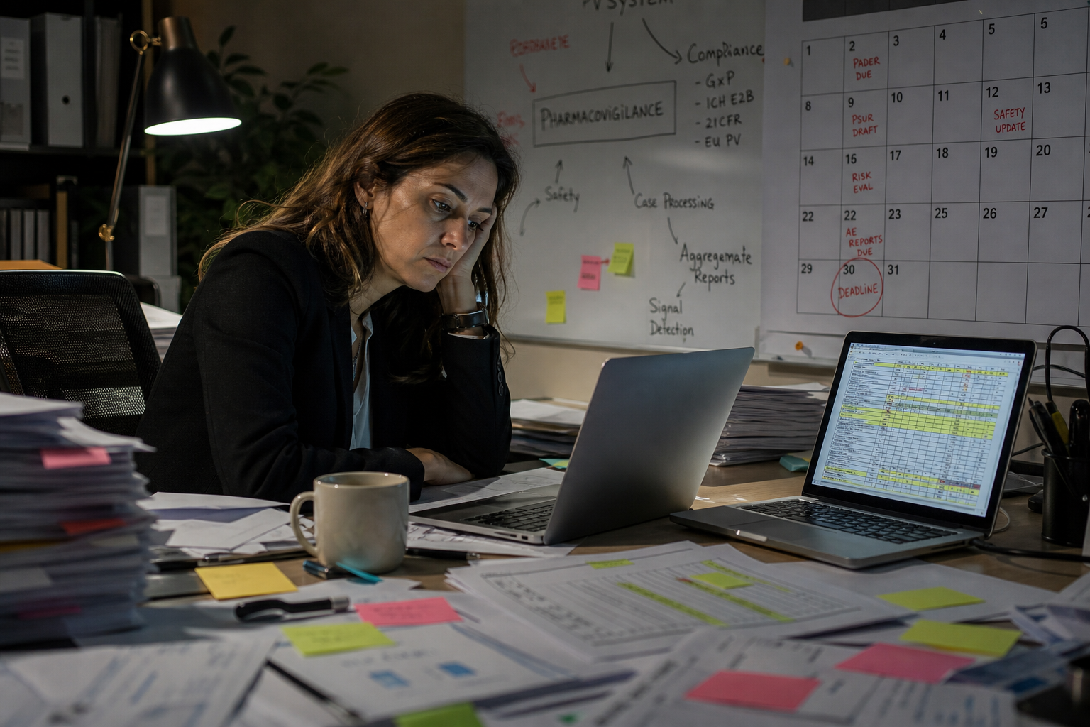 Overwhelmed Office Worker Amid Regulatory Chaos