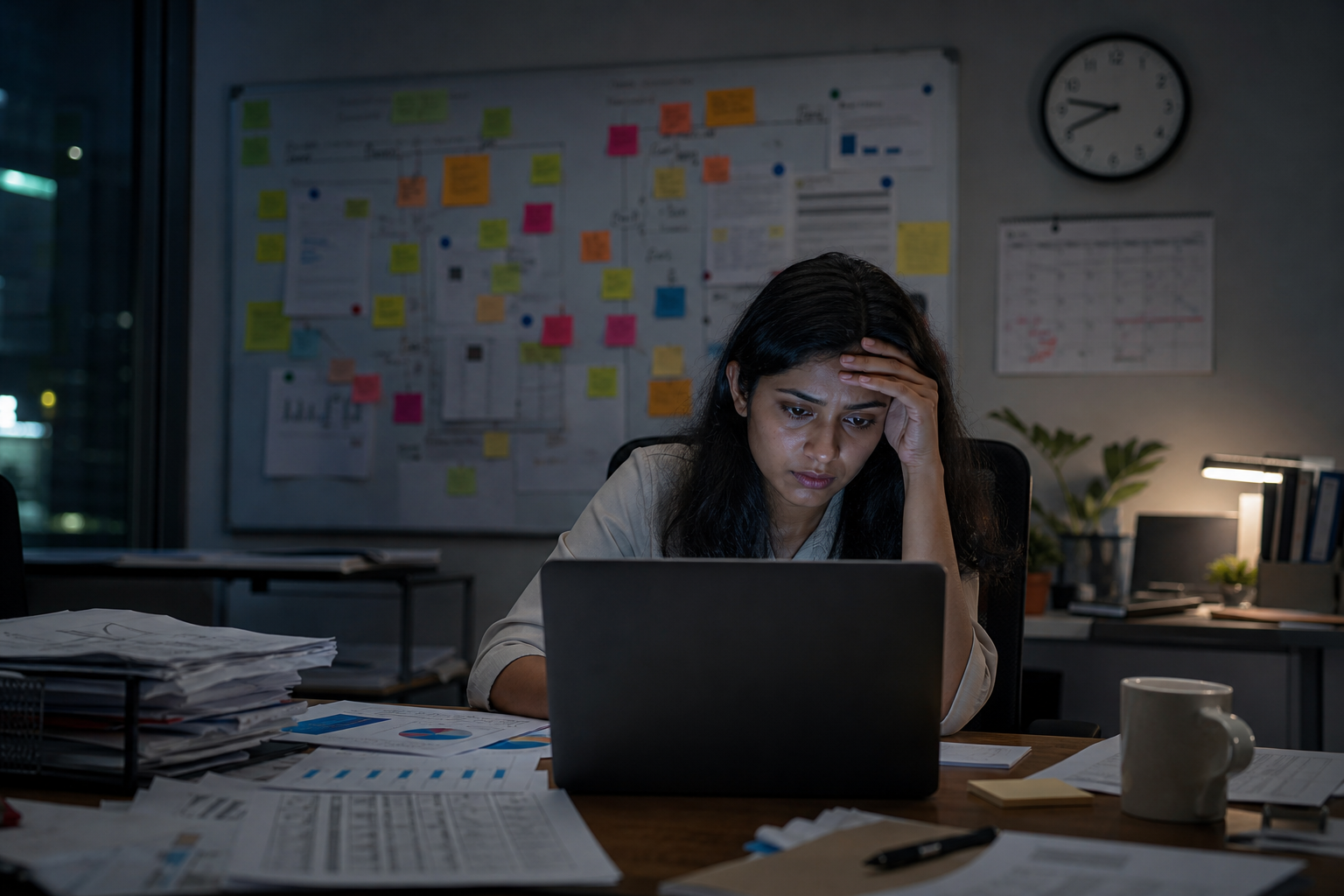 Overwhelmed Pharmavigilance Professional at Chaotic Desk