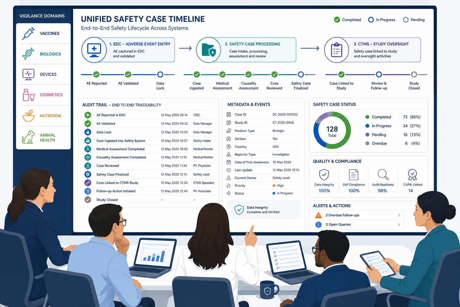 Pharmacovigilance Leaders Reviewing Safety Case Dashboard
