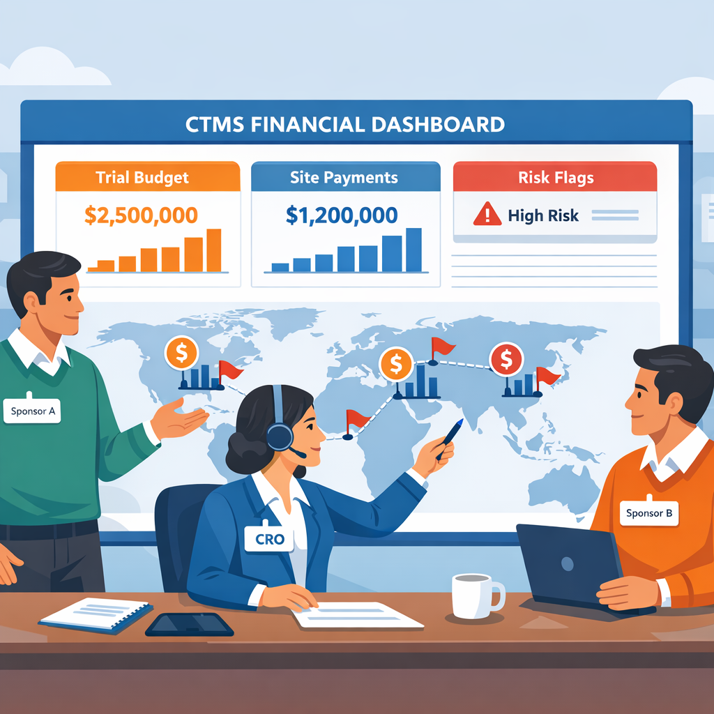 Professional flat illustration in Cloudbyz brand style of two sponsor organizations and a CRO collaborating over a shared CTMS financial dashboard tha
