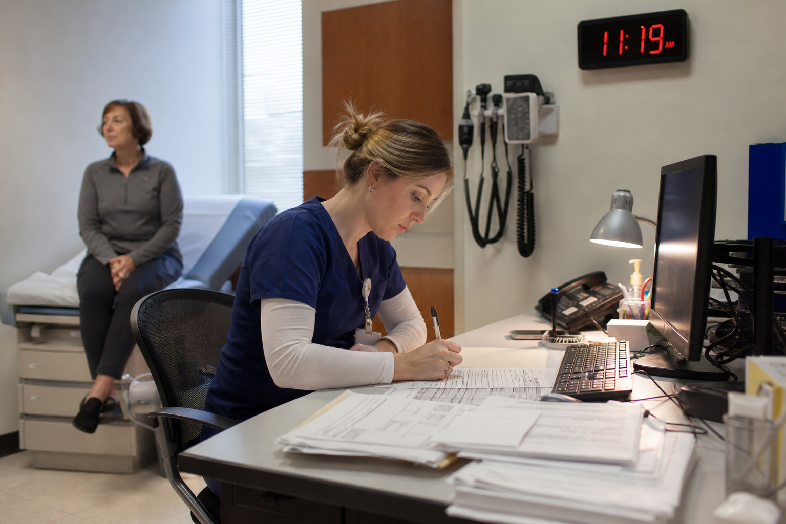 Site Coordinator Entering Patient Vitals at Clinical Site