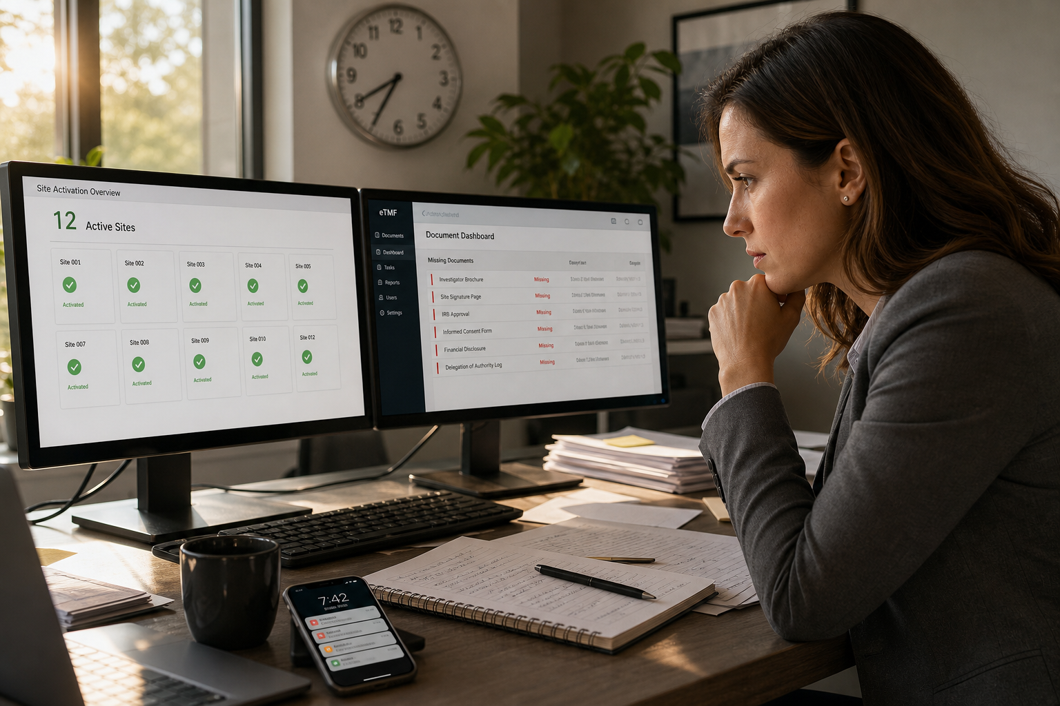 Study Manager in DualScreen Office with Active Sites and Regulatory Alerts