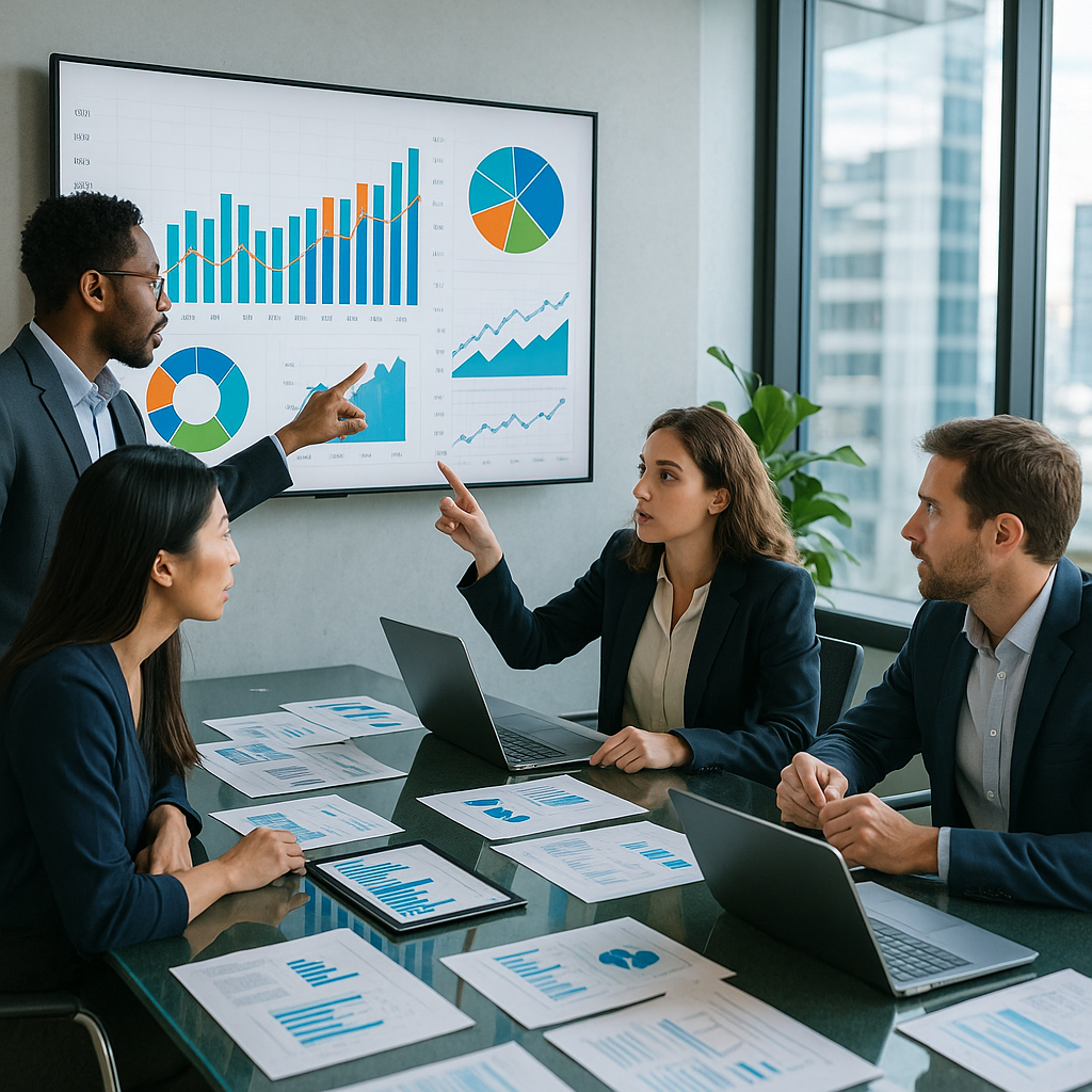The image depicts a modern office environment characterized by sleek minimalist design In the foreground a large glass table is cluttered with various-1