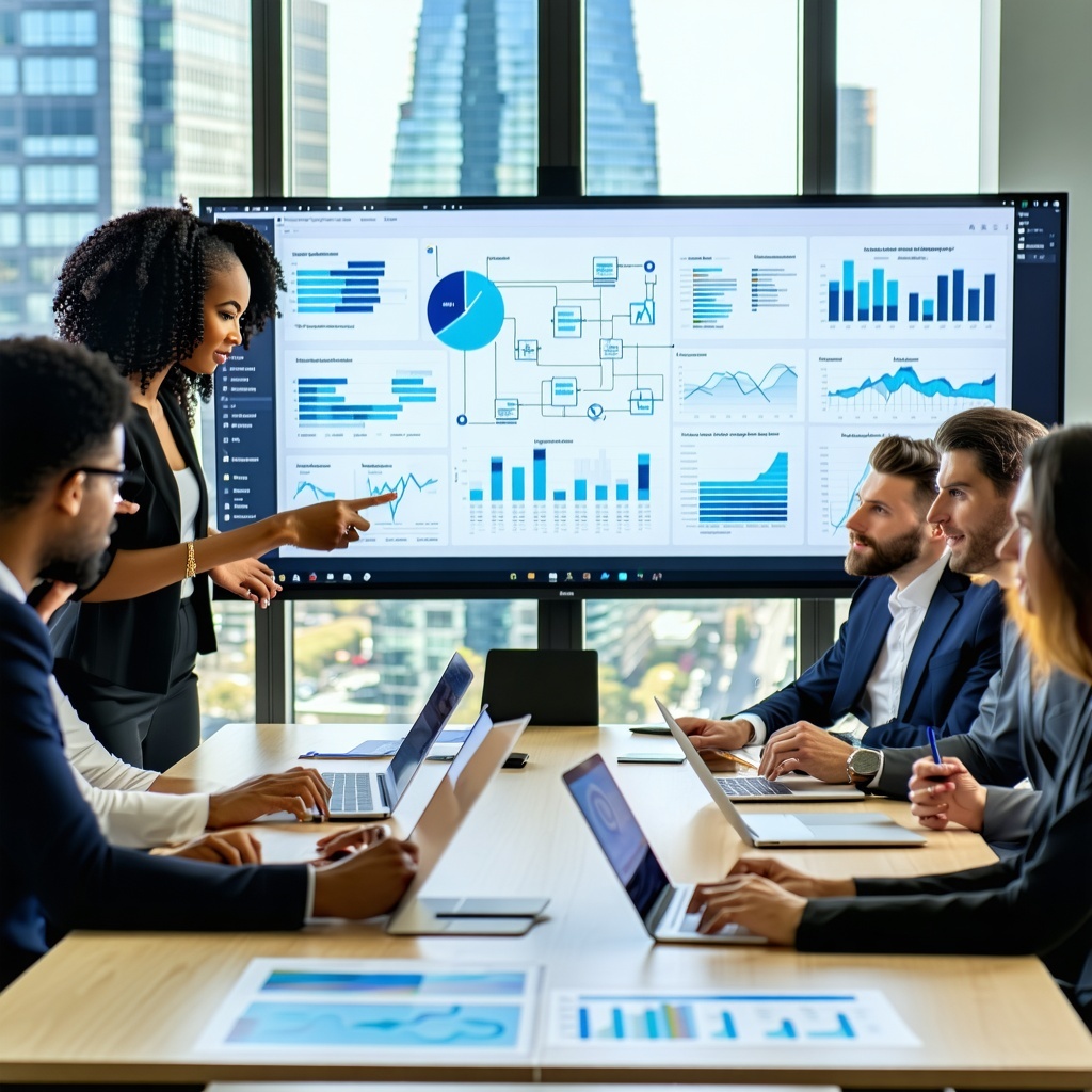 The image features a sleek modern office environment where a diverse team of professionals is gathered around a large conference table The room is filled with natural light streaming through floortoceiling windows showcasing a city skyline in the bac-1