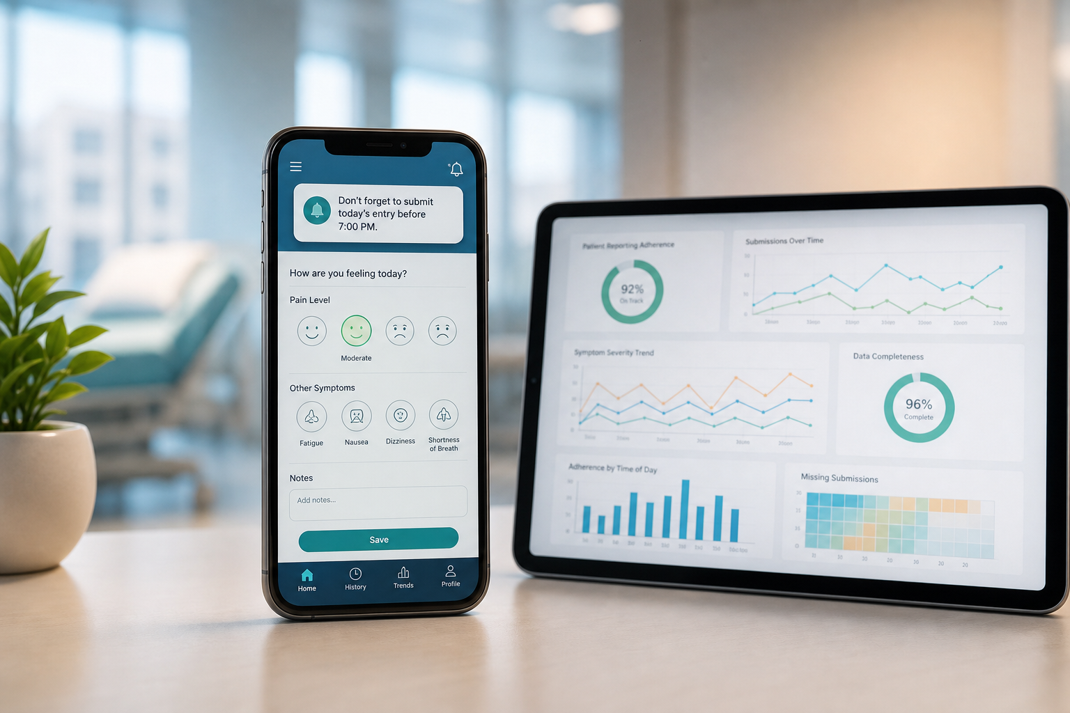 ePRO App Interface on Modern Smartphone with Dashboard Tablet