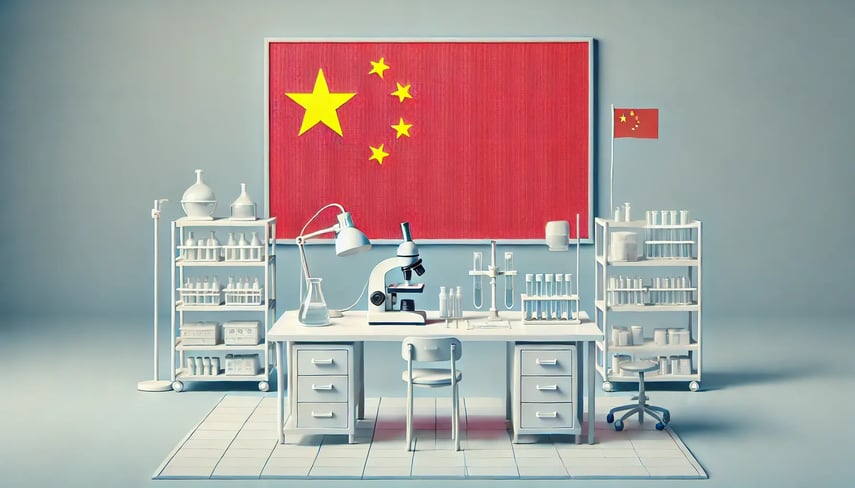 DALL·E 2025-01-01 22.30.27 - A minimalist clinical trials laboratory setup in China. The scene features a clean lab environment with basic equipment like test tubes, microscopes, 