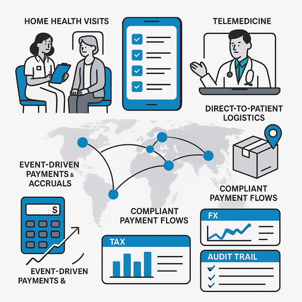 Decentralized clinical trials finance with home health, eCOA/ePRO, and telemedicine feeding event-driven payments, FX/tax dashboards, and audit trails.