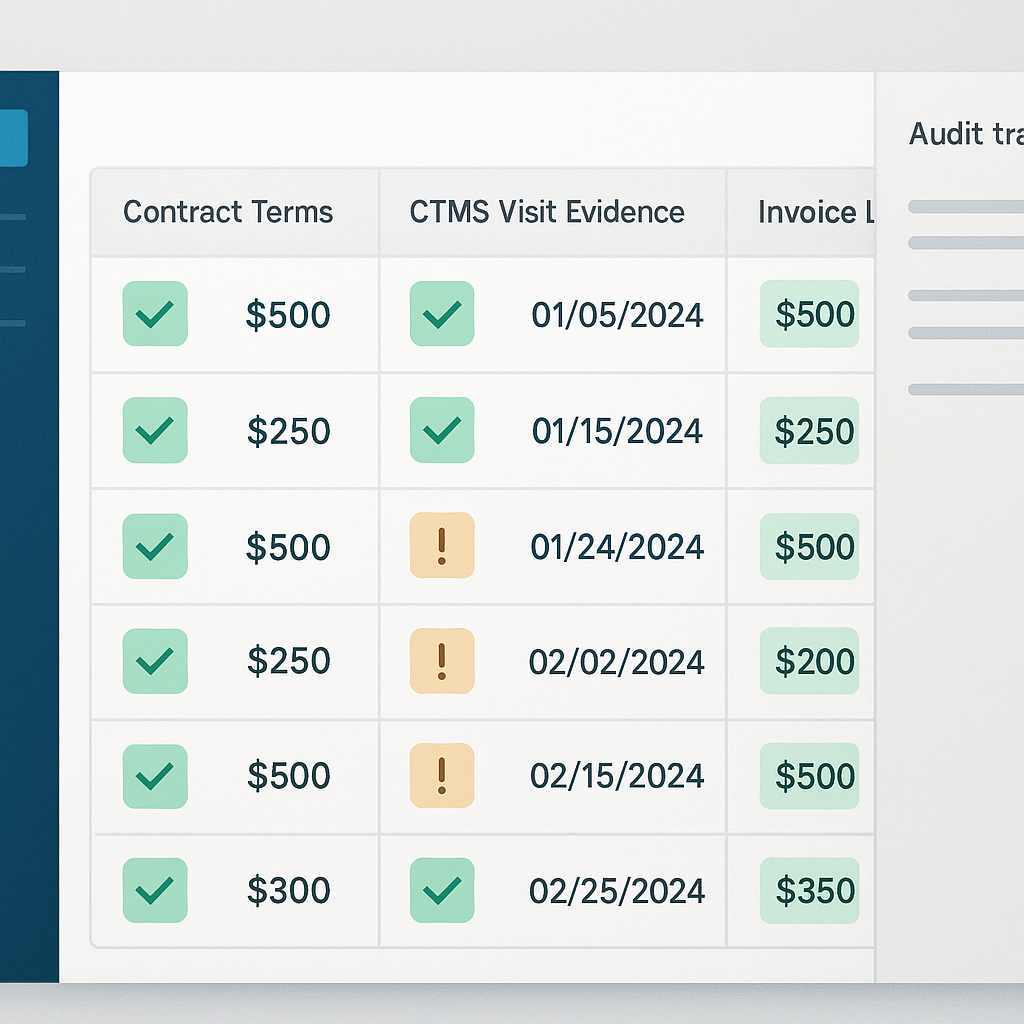 A clinical site payment reconciliation UI showing three-way matching across contract terms, CTMS visit evidence, and invoice lines with green matches and amber exceptions.