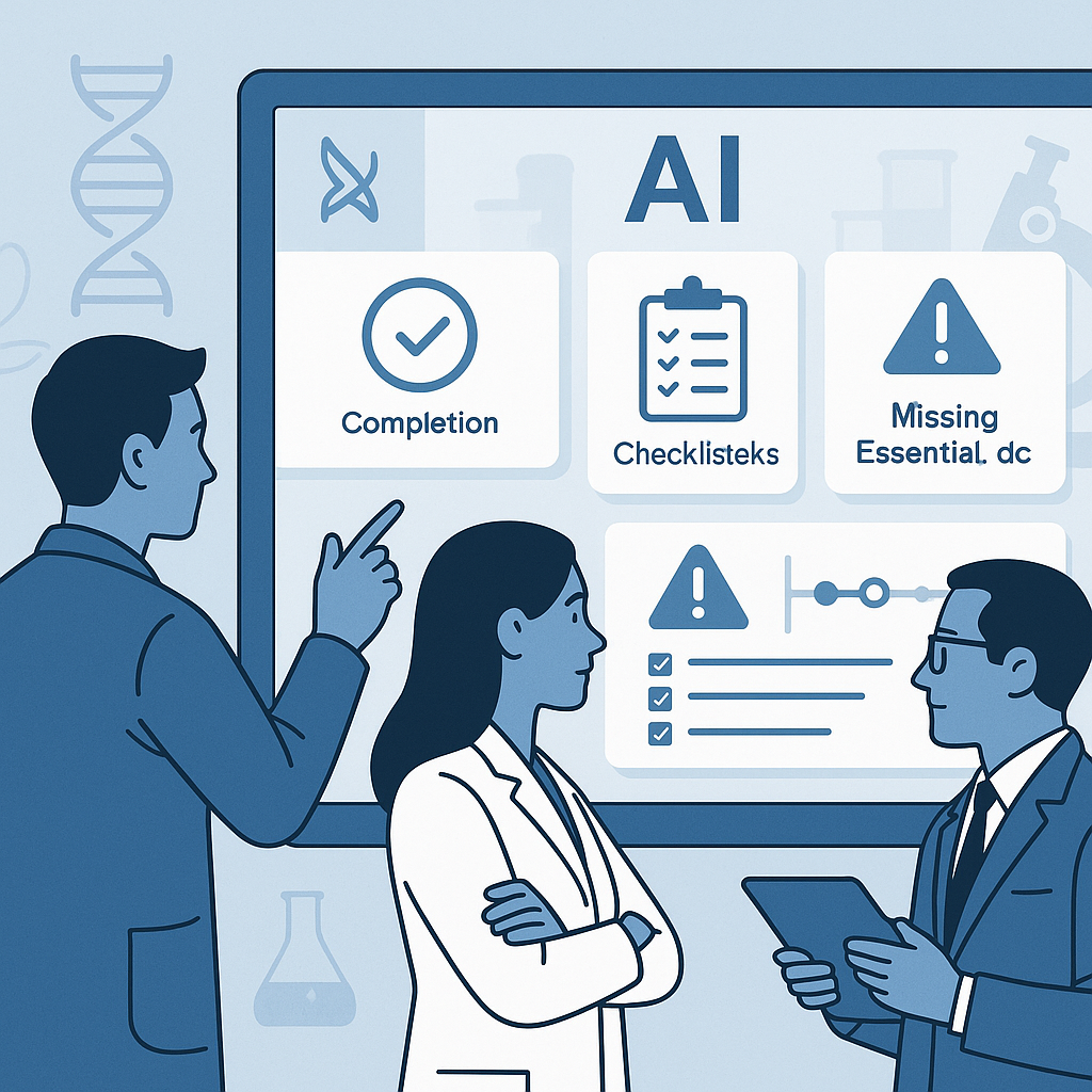 AI-powered eTMF quality dashboard with completeness, QC checks, and risk hotspots reviewed by a life sciences team.