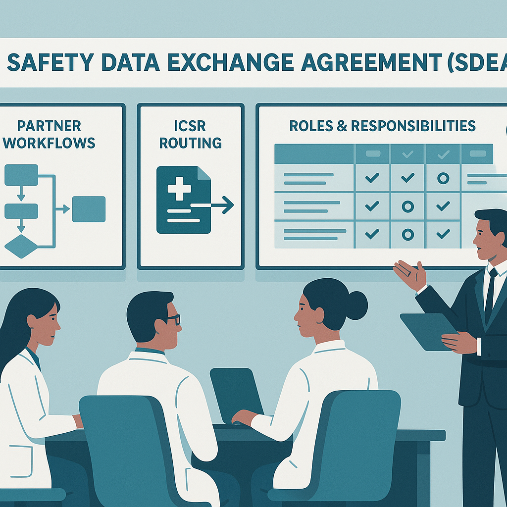 Pharmacovigilance team reviewing an SDEA with ICSR routing, roles, and timelines on large screens in a modern office.