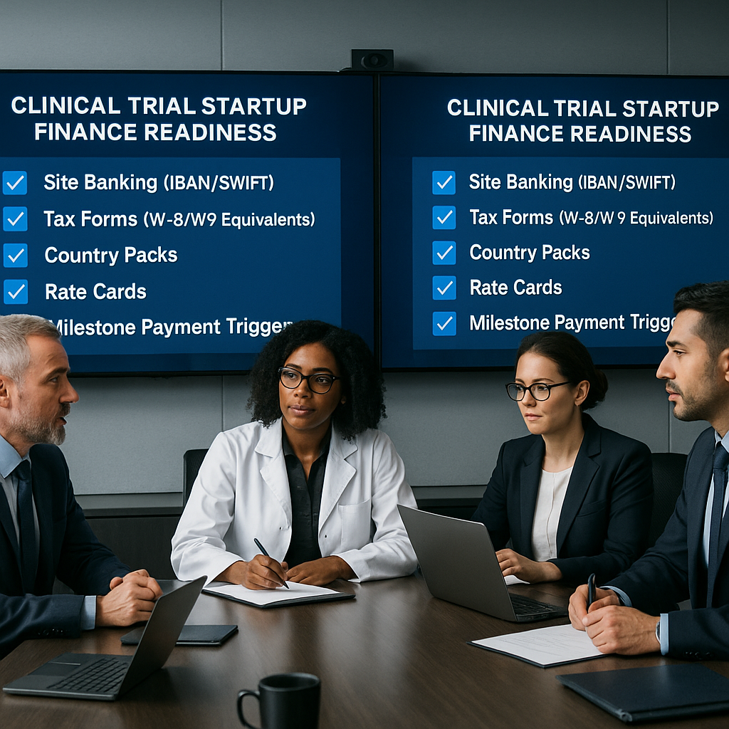 Startup finance readiness room with checklists for banking, tax forms, country packs, rate cards, and milestone payment triggers.