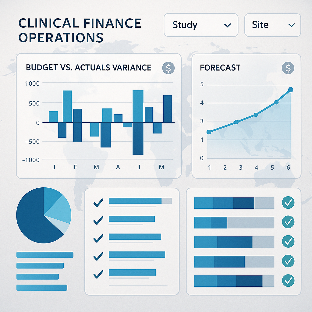 A modern clinical finance dashboard showing budget vs actuals variance, forecast curves, and compliance checkmarks for a global clinical trial.
