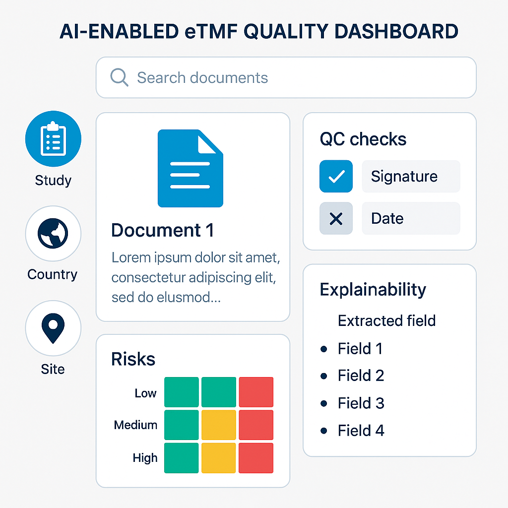 AI-enabled eTMF dashboard with document summaries, natural-language search, QC checks, and explainability highlights.
