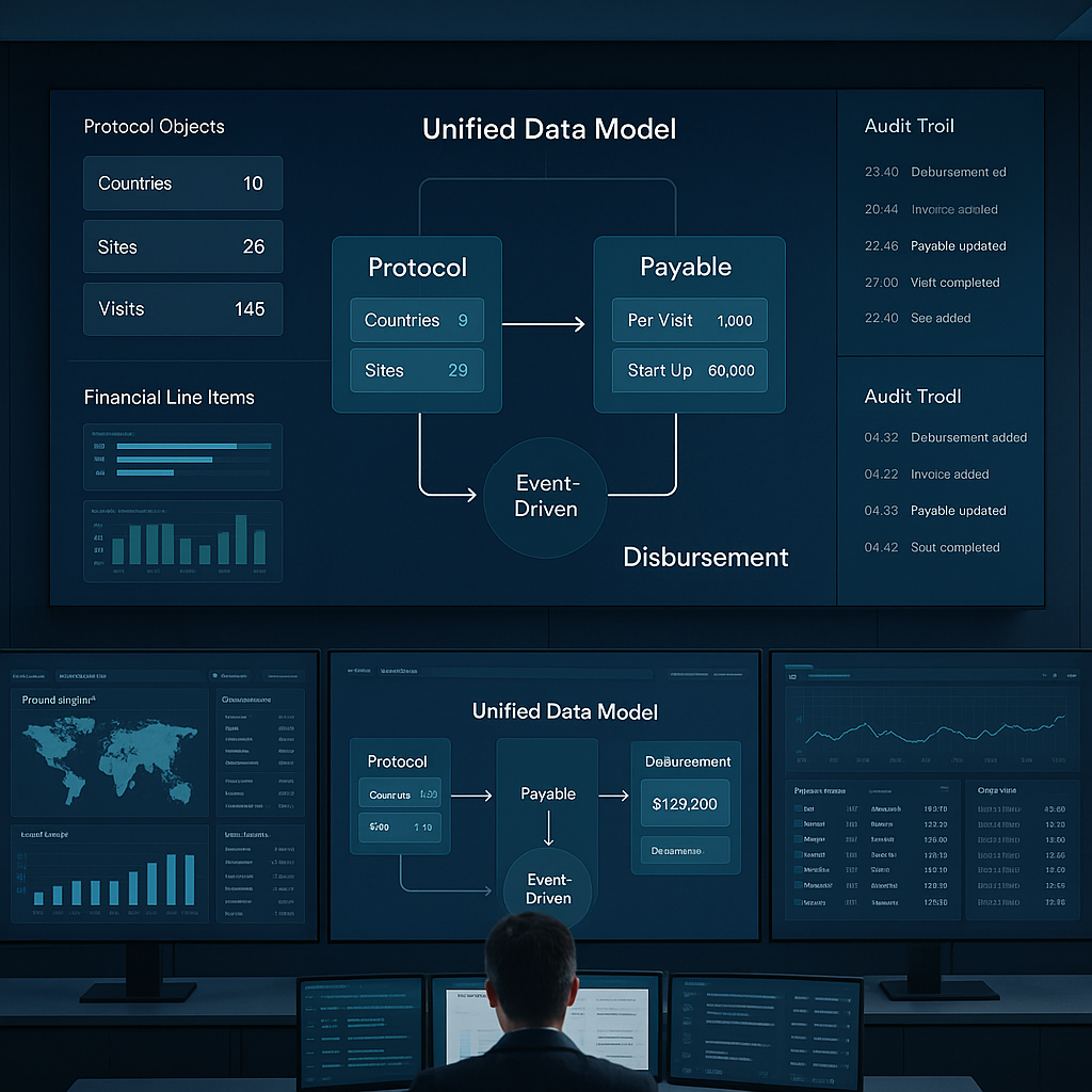 Operations war-room with connected dashboards mapping protocol objects to financial line items and event-driven payables with audit trails.