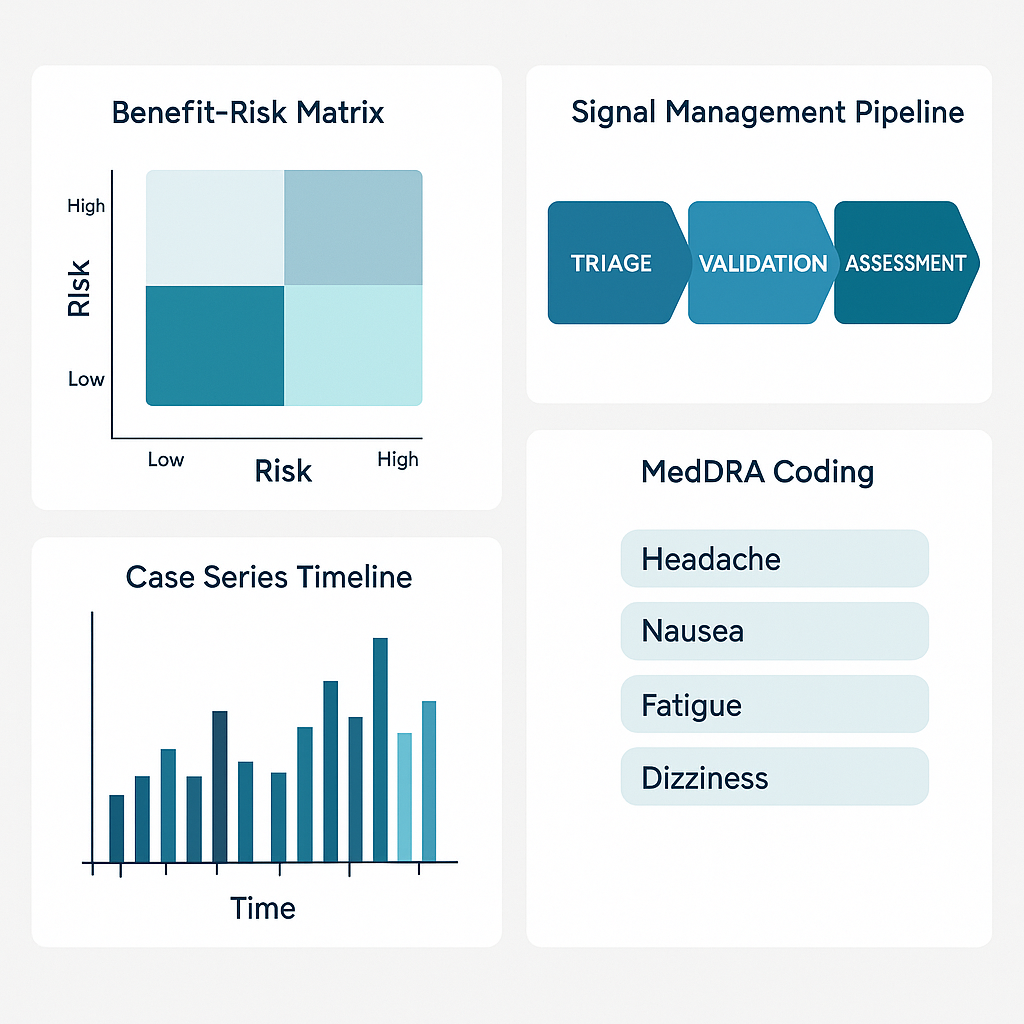 Pharmacovigilance workspace with a benefit–risk matrix, signal pipeline (triage, validation, assessment), case series timeline, and MedDRA coding panels.