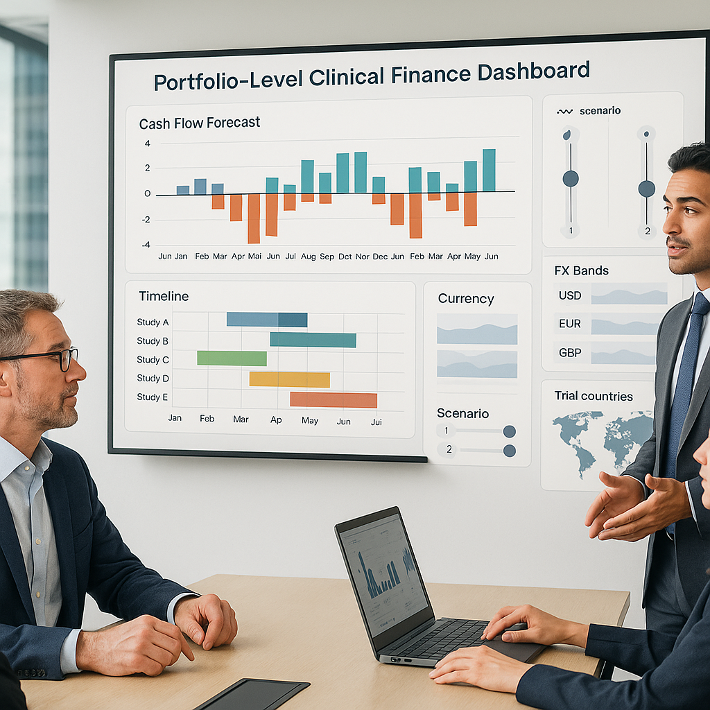 Portfolio-level clinical finance dashboard showing multi-study cash flow forecasts, FX bands, and scenario controls.