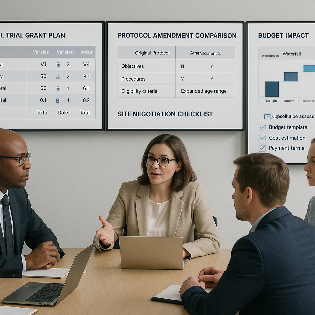 Budget governance workshop: leaders review a grant plan with version control, amendment comparisons, and a budget impact waterfall.