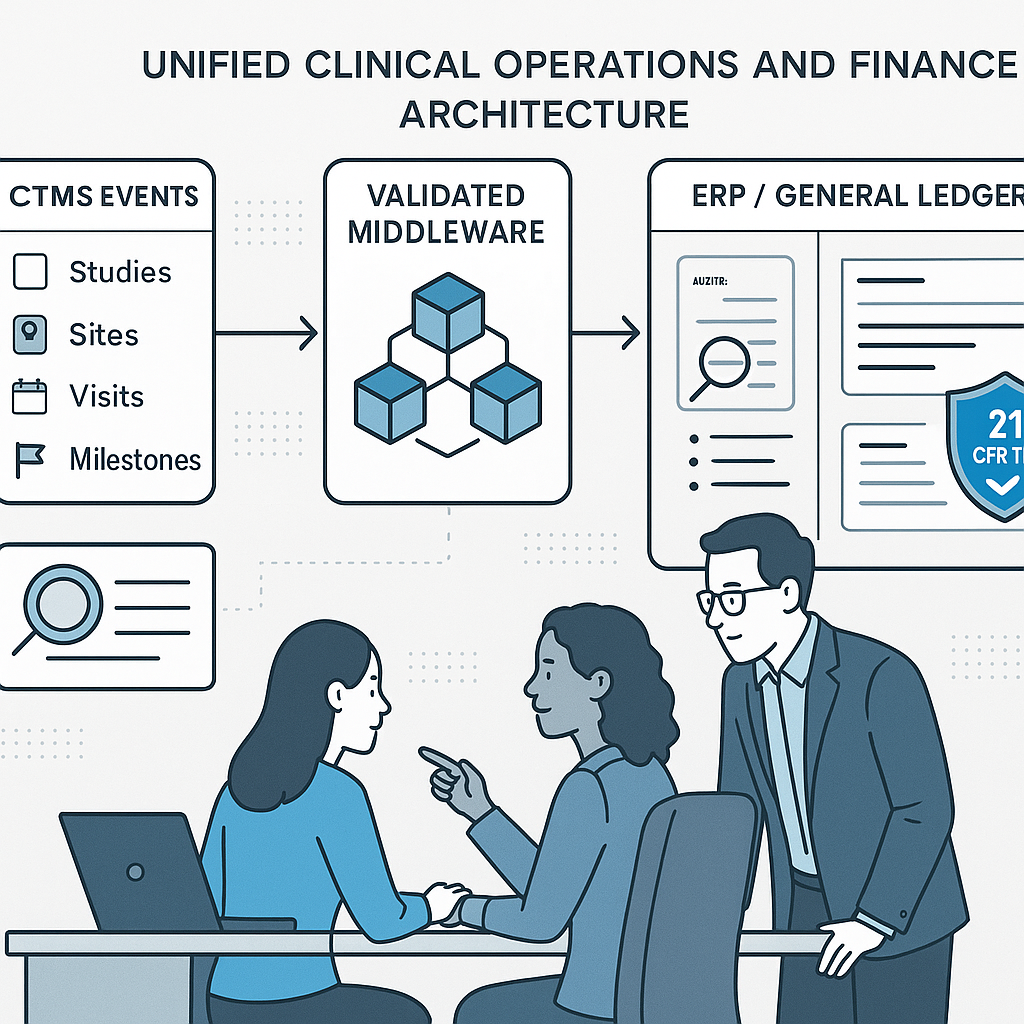 Unified clinical operations-to-finance architecture showing CTMS events flowing through validated middleware into an ERP/GL with dashboards for audit trails and compliance.