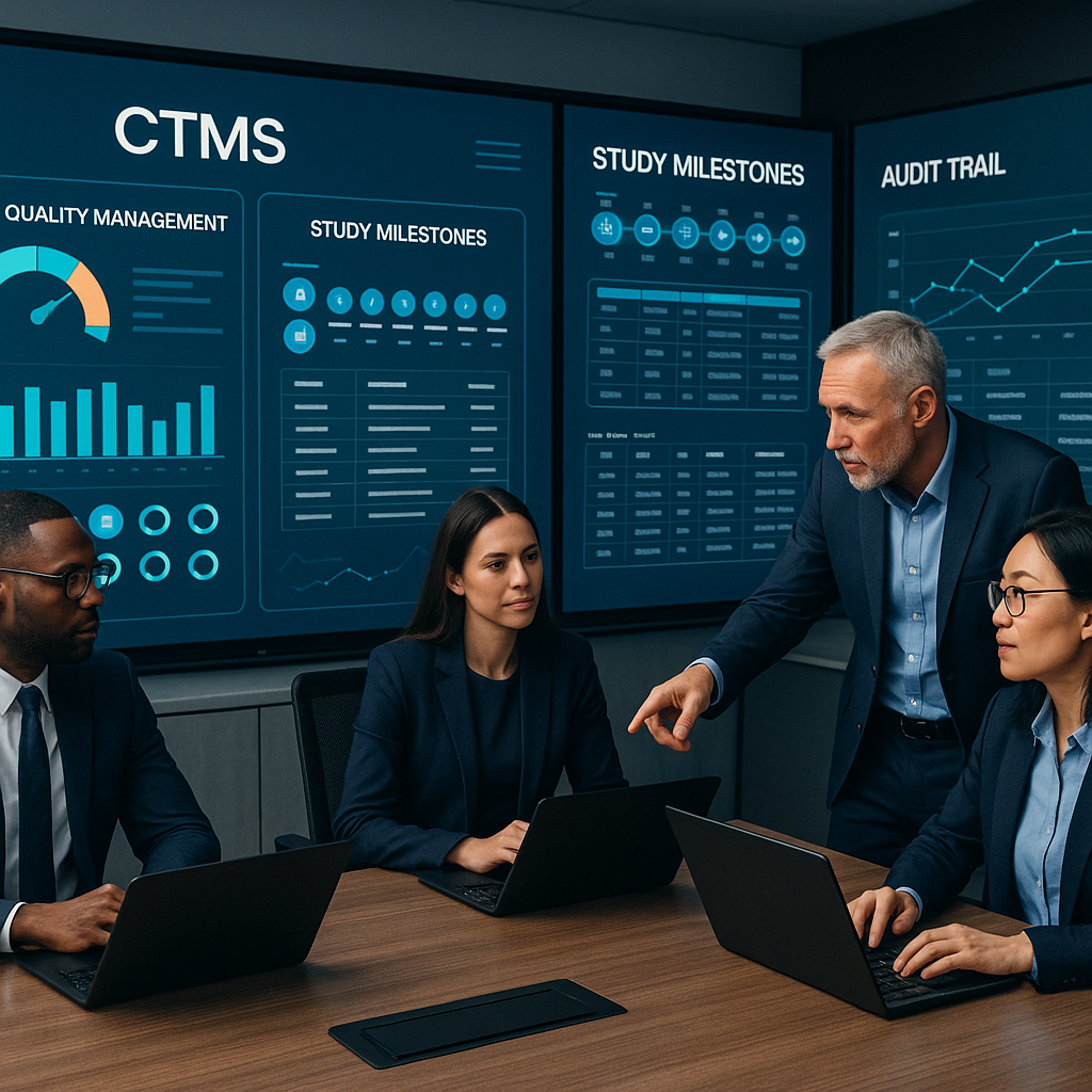CTMS control center with risk-based quality dashboards, study milestones, and audit trails aligned to ICH E6(R3), with a diverse team collaborating.