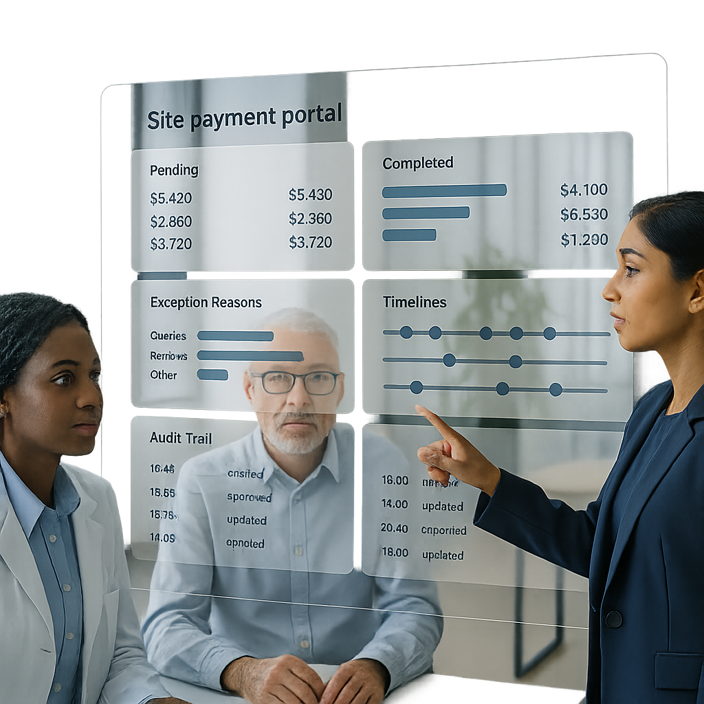 Transparent clinical trial site payment portal showing disbursement status, timelines, exceptions, and audit trails, reviewed by a diverse team.