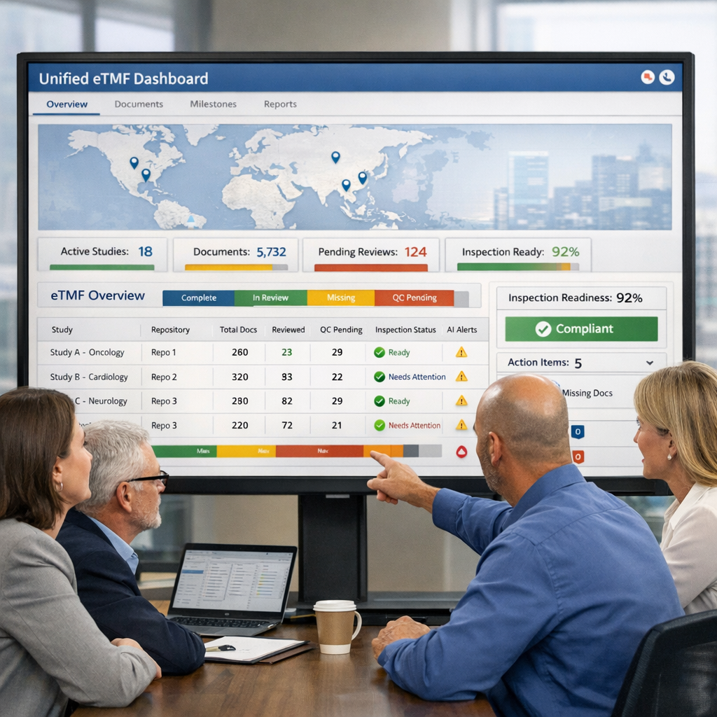 Regulatory, clinical operations, and quality leaders in a modern workspace reviewing a Salesforce-style dashboard where an AI eTMF Agent presents a unified, navigable view of trial records pulled from multiple underlying repositories, with inspection readiness indicators visible.