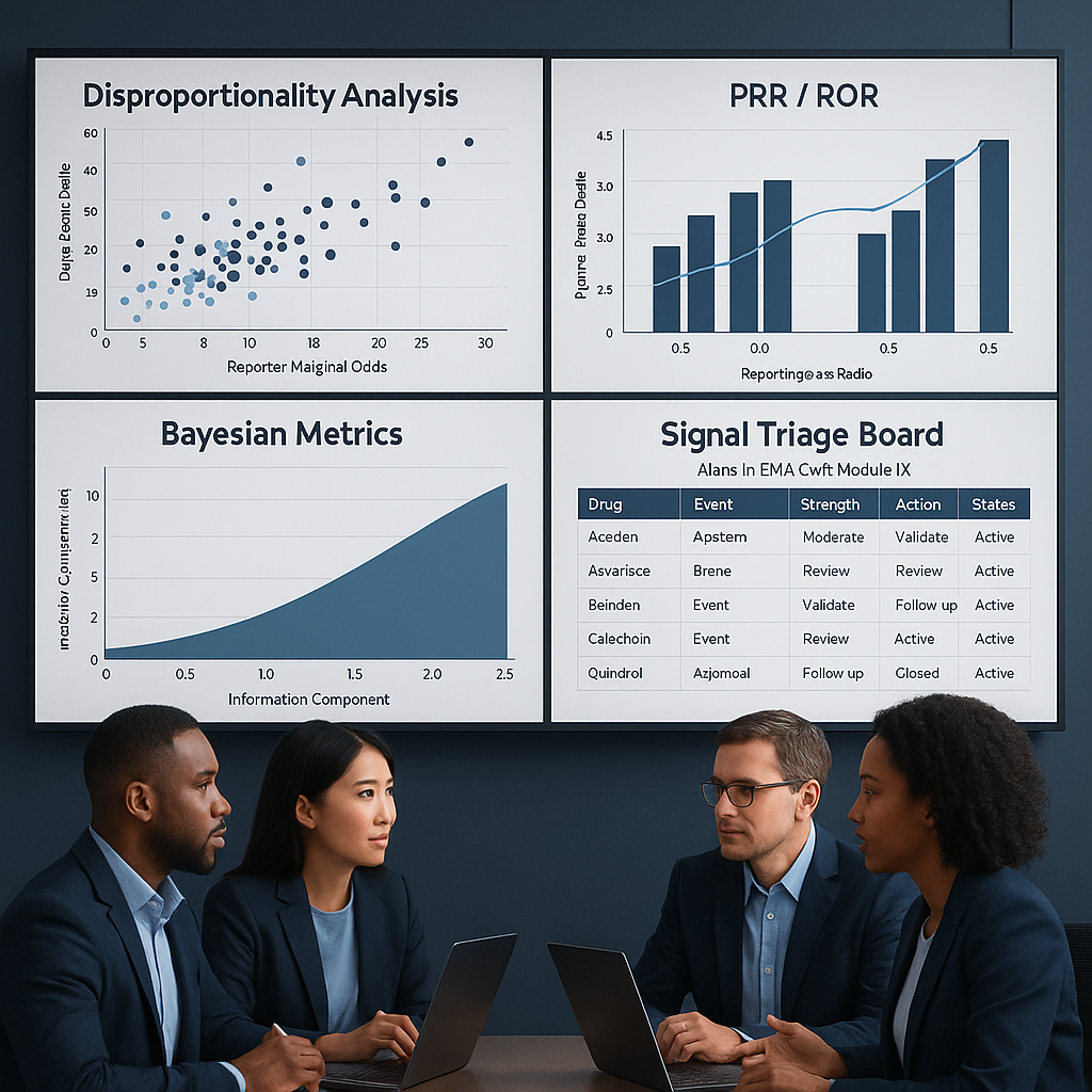 Pharmacovigilance analytics center with disproportionality charts, Bayesian metrics, and a signal triage board aligned to EMA GVP Module IX.