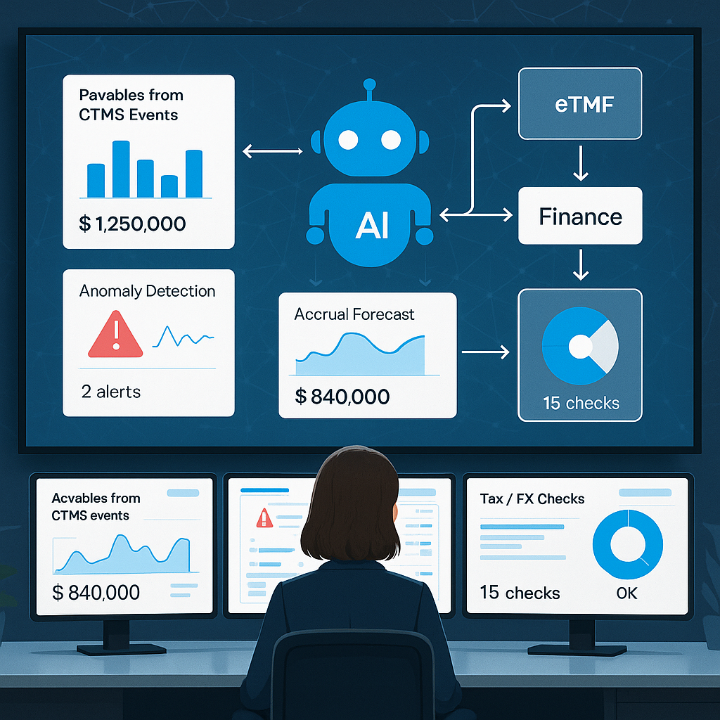AI agents orchestrating clinical trial finance dashboards for payables, accruals, anomaly detection, and tax/FX checks.