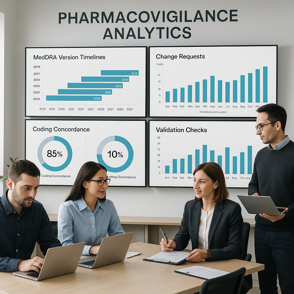 Pharmacovigilance analytics lab with displays for MedDRA version timelines, change requests, and coding quality metrics.