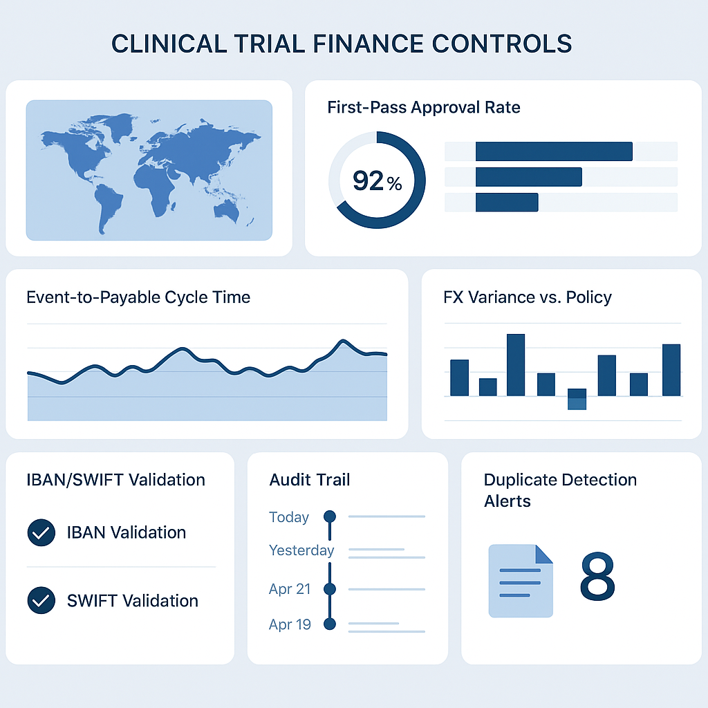 Enterprise dashboard showing Continuous Controls Monitoring KPIs for clinical trial finance with global map accents, IBAN/SWIFT checks, FX variance, exceptions, and an audit trail timeline.