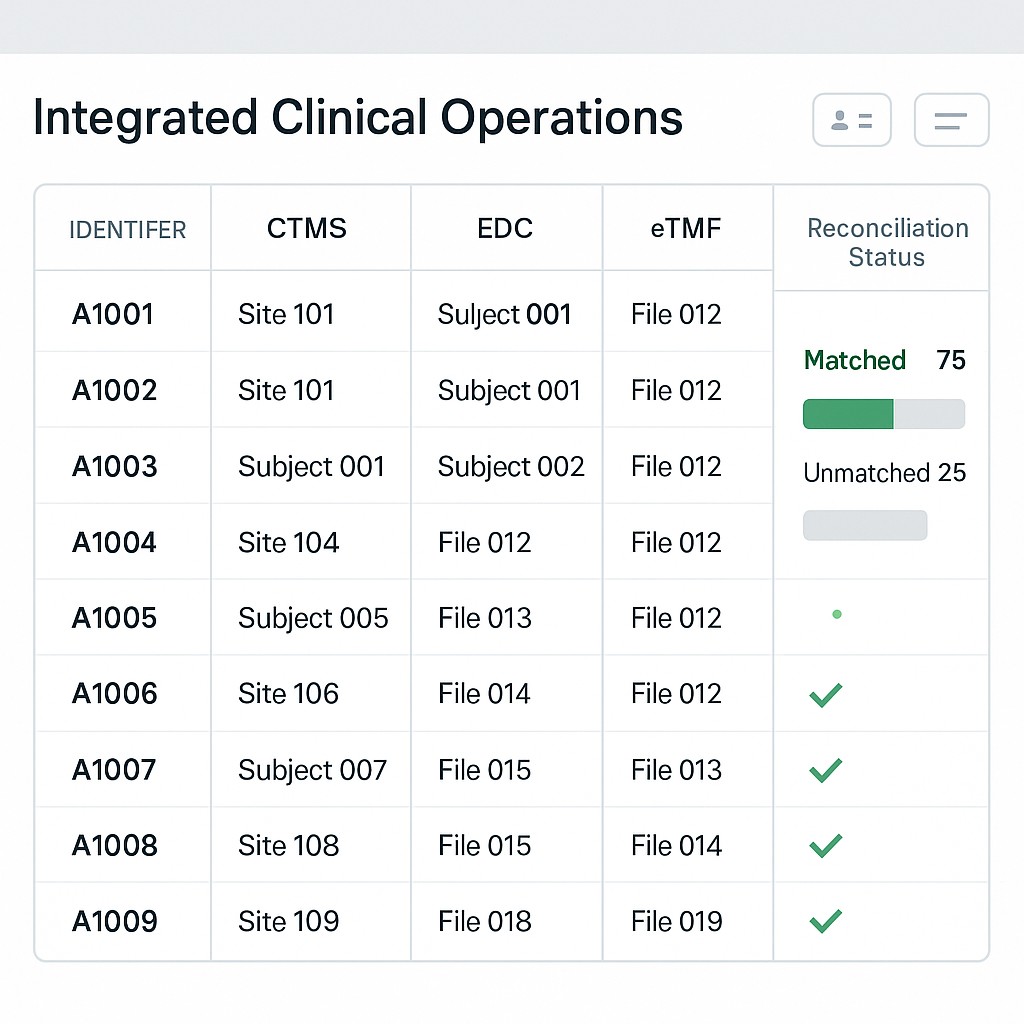 Integrated dashboard linking CTMS, EDC, and eTMF with harmonized identifiers and reconciliation statuses.
